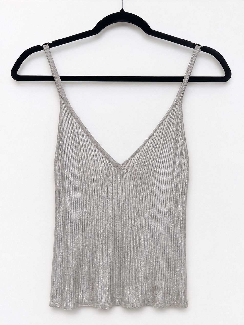 Light Before Dark Silver Metallic Ribbed V-Neck Tank Top